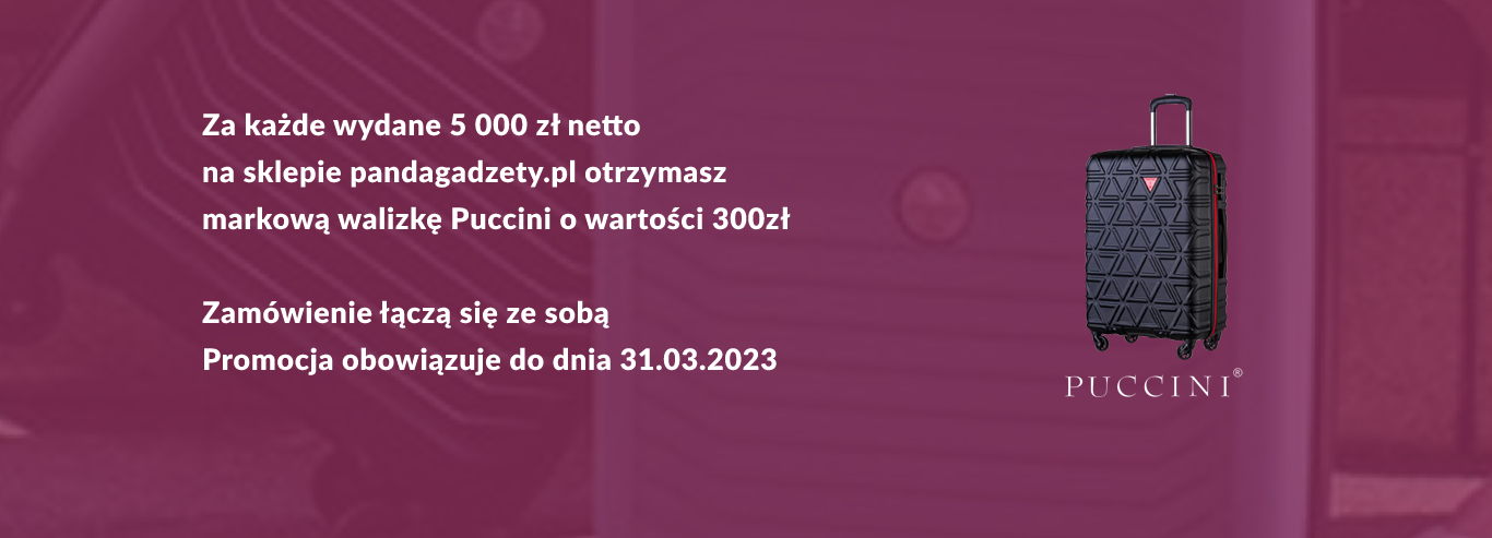 Za każde wydane 5 000zł netto na sklepie pandagadety.pl otrzymasz markową walizkę Puccini o wartości 300zł. Zamówienia łączą się ze sobą. Promocja obowiązuje do dnia 31.12.2022r.